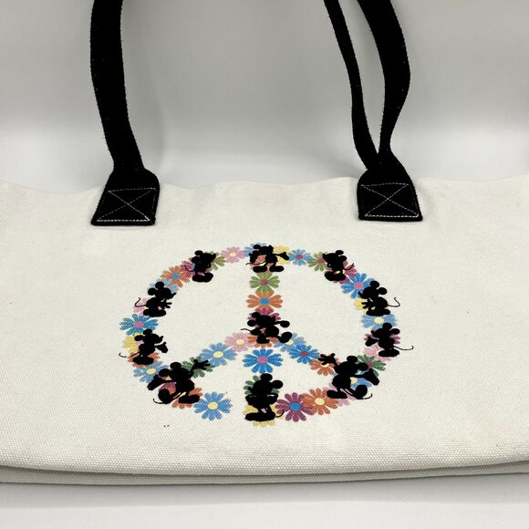 Vintage Disney Large Canvas Tote Bag Flower Peace Silhouette Mickey Hippy Boho - Picture 3 of 13